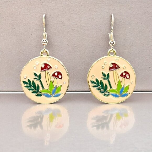 Mushroom Enamel Drop Earrings - Picture 1 of 5